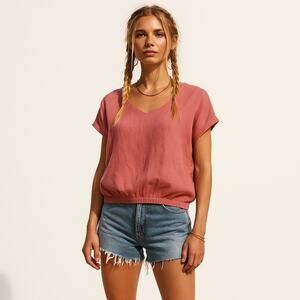 HARSHMAN Arpe Blouse Soft Pink Popover Cap Sleeve 100% Linen Size Small NEW